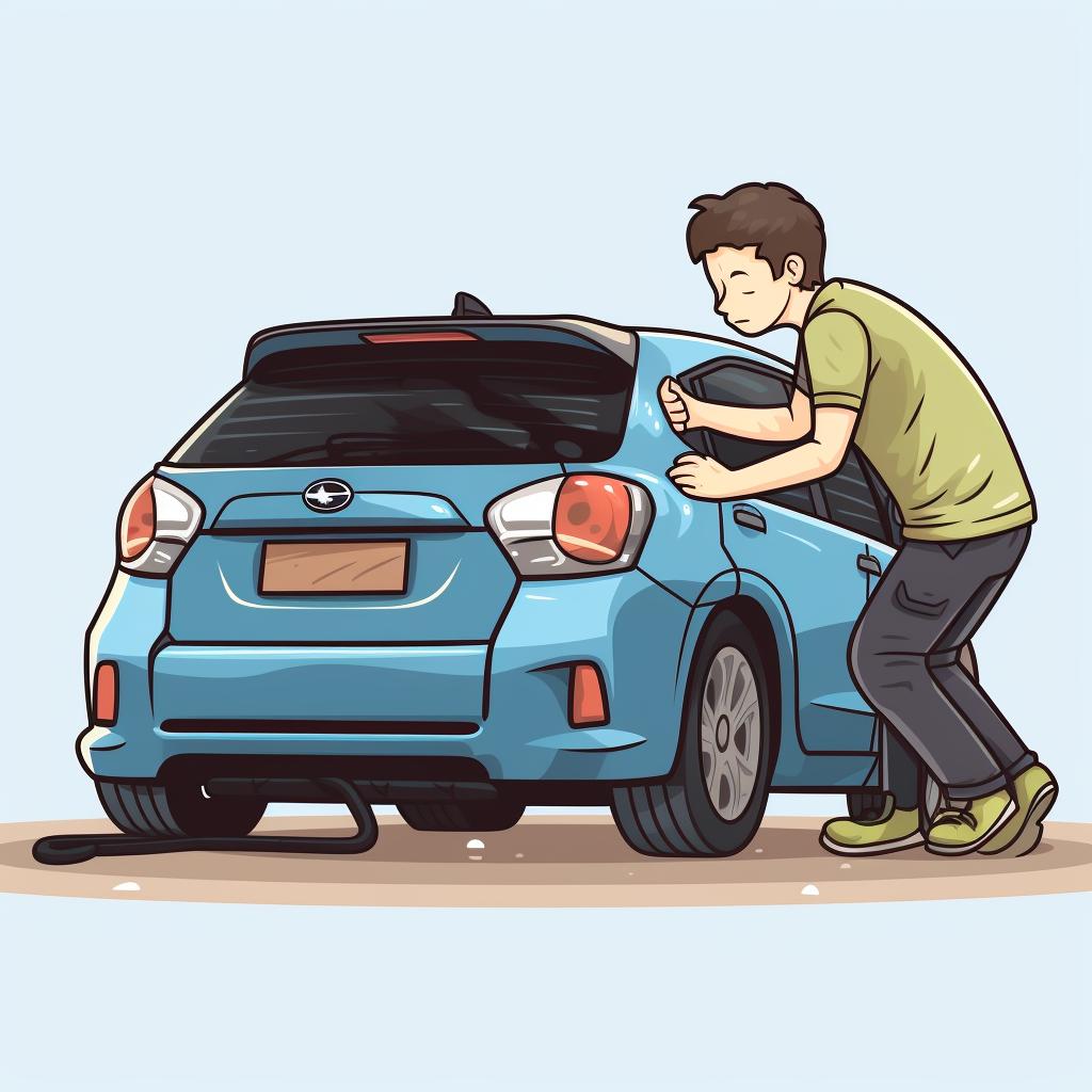 A person cleaning the rear bumper sensors on a Subaru car