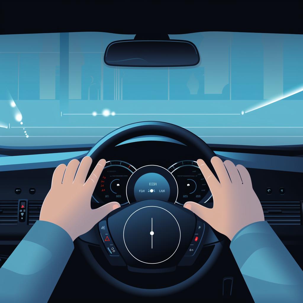 A hand adjusting the settings of blind spot monitors and rear cross traffic alerts on a car's dashboard screen.