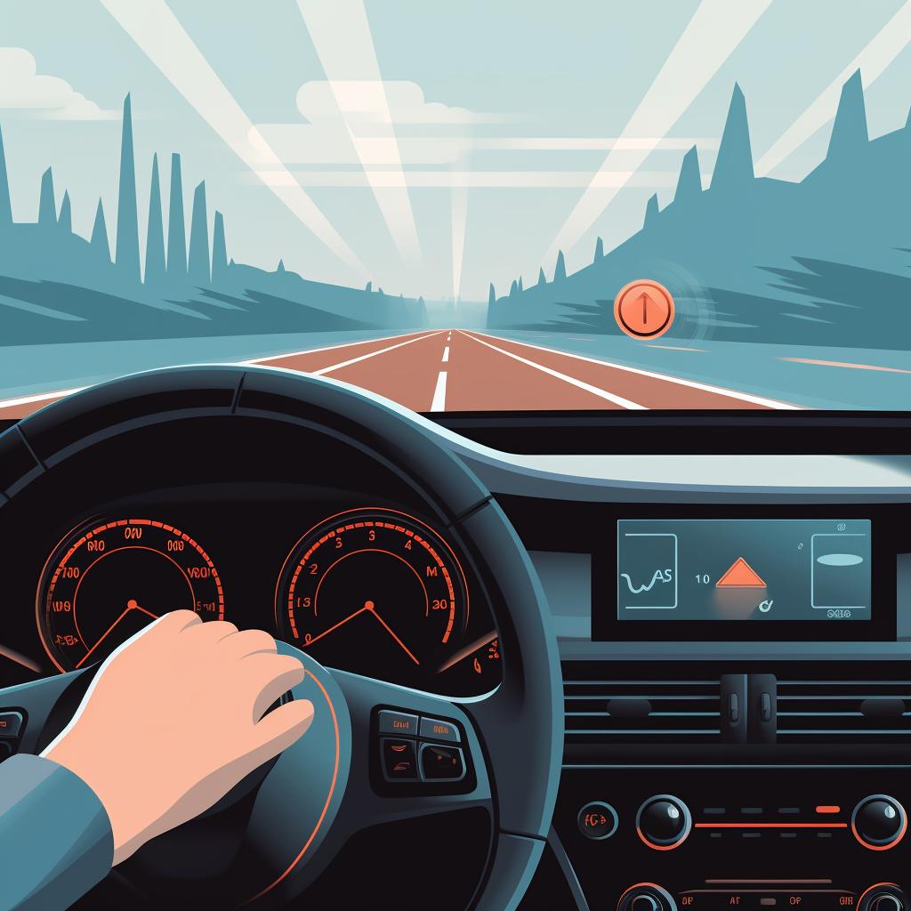 A finger pressing the activation button for blind spot monitors and rear cross traffic alerts on a car's dashboard.